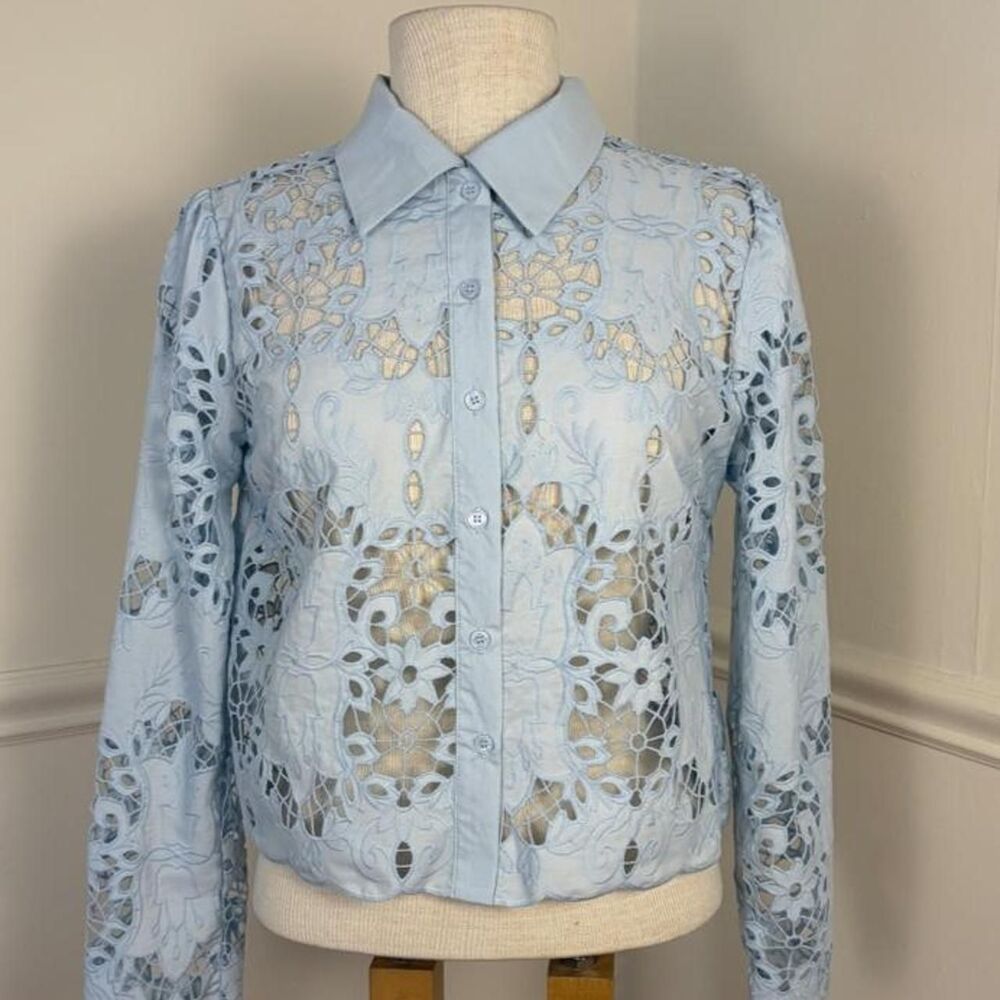 AQUA cottagecore Cutout Lace Button-Up Blouse